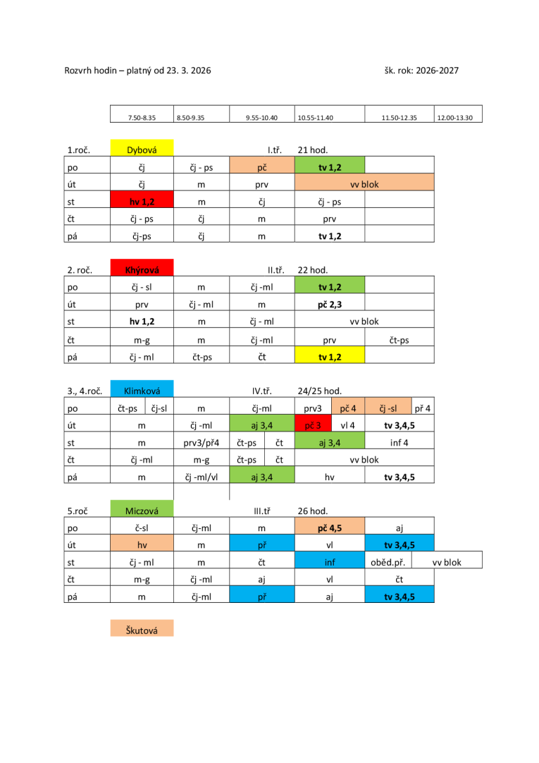 rozvrh hodin od 23.3.2026 rozvrh hodin od 23.3.2026